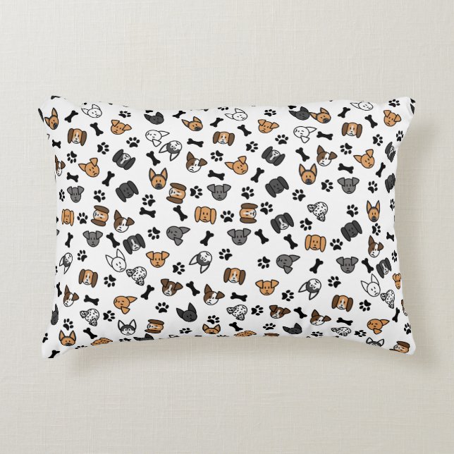 Fun Cute Dog Breeds with Bones and Paw Prints Decorative Cushion (Front)