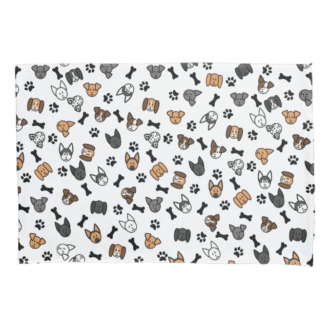 Fun Cute Dog Breeds with Bones and Paw Prints Pillowcase (Front)