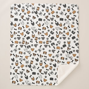 Fun Cute Dog Breeds with Bones and Paw Prints Sherpa Blanket