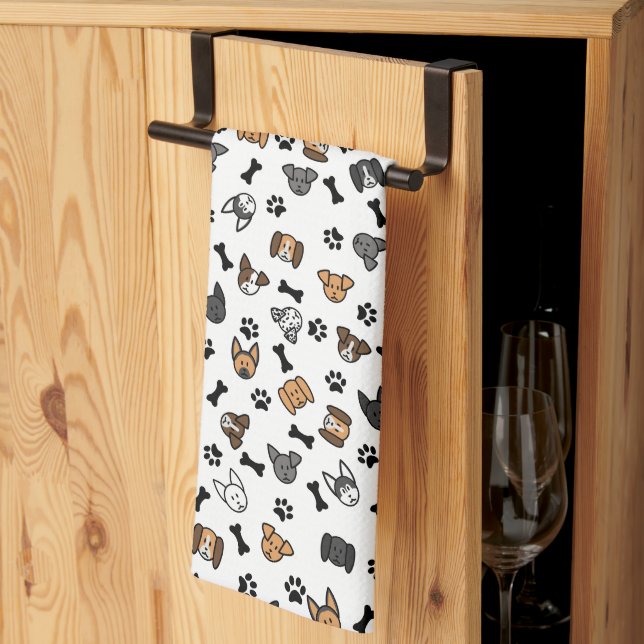 Fun Cute Dog Breeds with Bones and Paw Prints Tea Towel (Thirds Fold)