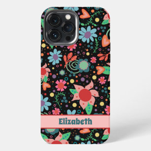 Fun Cute Floral Hearts Inspirivity Black Pattern iPhone 13 Pro Max Case