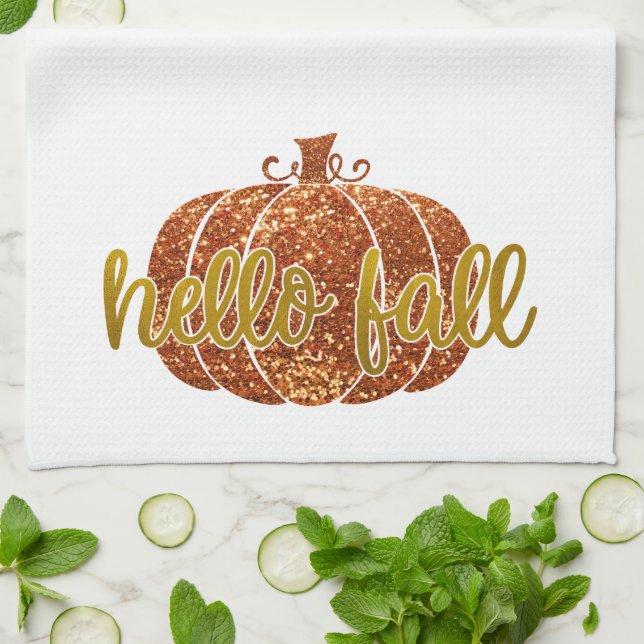 Fun Cute Gold Glitter Hello Fall Pumpkin Tea Towel (Folded)