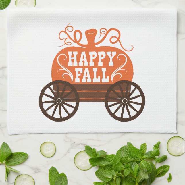 Fun Cute Happy Fall Wagon Pumpkin Kitchen Towel (Folded)