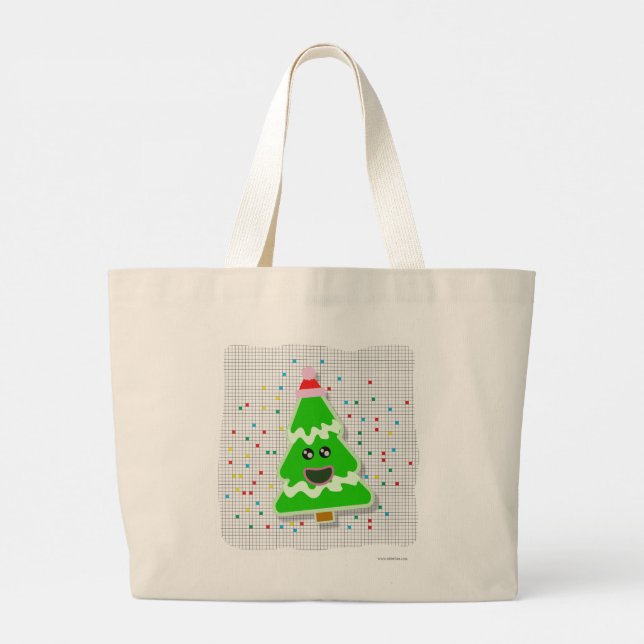 Fun Cute Kawaii Christmas Holiday Tree Character T Large Tote Bag (Back)