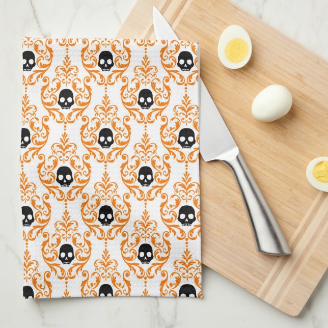 Fun Cute Orange Black Halloween Skull Tea Towel (Quarter Fold)