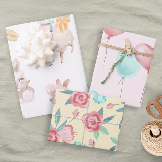 Fun Cute Pastel Llama Balloon Floral Baby Girl Wrapping Paper Sheet (Creator Uploaded)