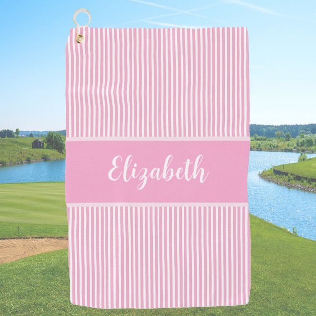 Fun Cute pink preppy stripe custom name ladies Golf Towel (Creator Uploaded)