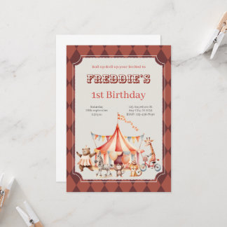 Fun Cute Red and Burgundy Circus Kids Birthday Invitation
