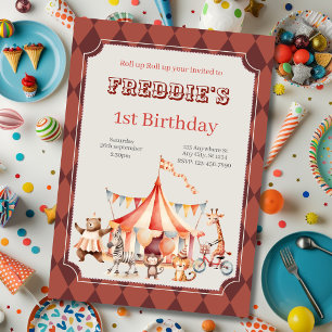 Fun Cute Red and Burgundy Circus Kids Birthday Invitation