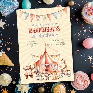 Fun Cute Red and Pink Circus Kids Birthday Invitation