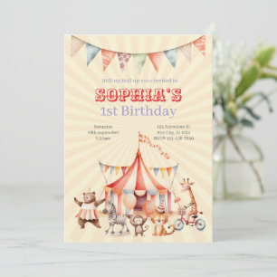 Fun Cute Red and Pink Circus Kids Birthday Invitation