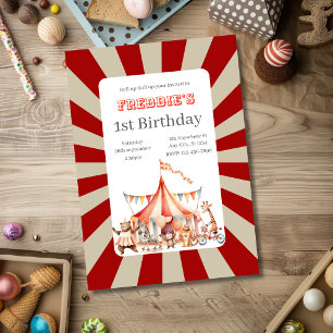 Fun Cute Red and White Circus Kids Birthday Invitation
