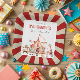 Fun Cute Red and White Circus Kids Party Paper Plate