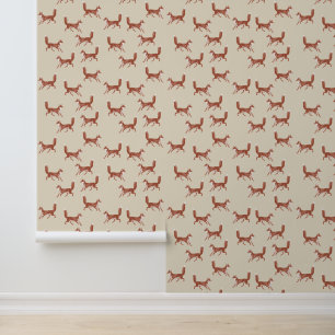 Fun Cute Red Fox Pattern on Beige Wallpaper
