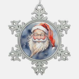 Fun Cute Red Hat Santa Claus Portrait Watercolor  Snowflake Pewter Christmas Ornament