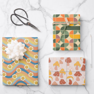 Fun Cute Retro Designs Flower Mushroom Wrapping Paper Sheet