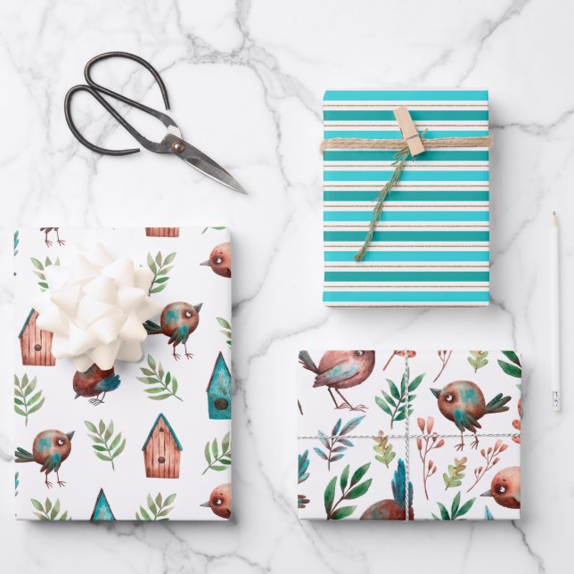 Fun Cute Rustic Little Birds Houses Stripes Wrapping Paper Sheet (Front)