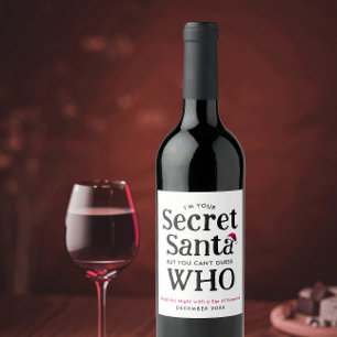 Fun Cute Secret Santa Joke Red Hat Modern Script   Wine Label