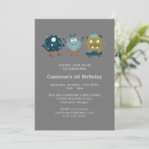 Fun Cute Skateboard Monster 1st Birthday Party Invitation