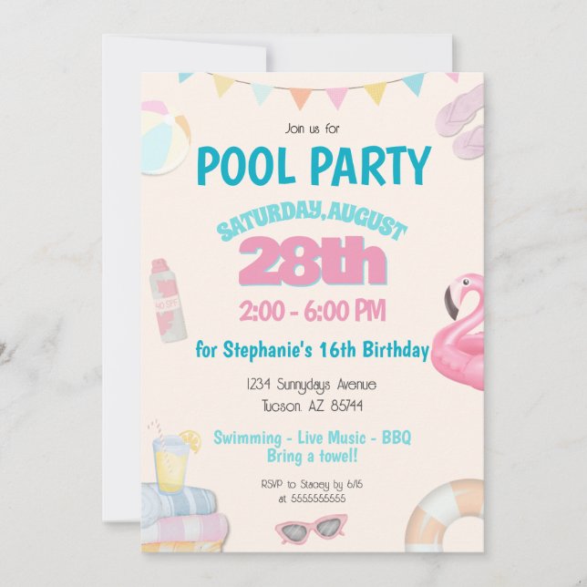 Fun Cute Summer Pool Birthday Party Invitation (Front)