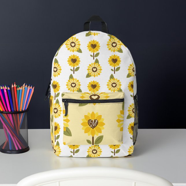 Fun Cute Sunflower Heart Pattern Monogram Printed Backpack (Fun Cute Sunflower Heart Pattern Monogram Printed Backpack)