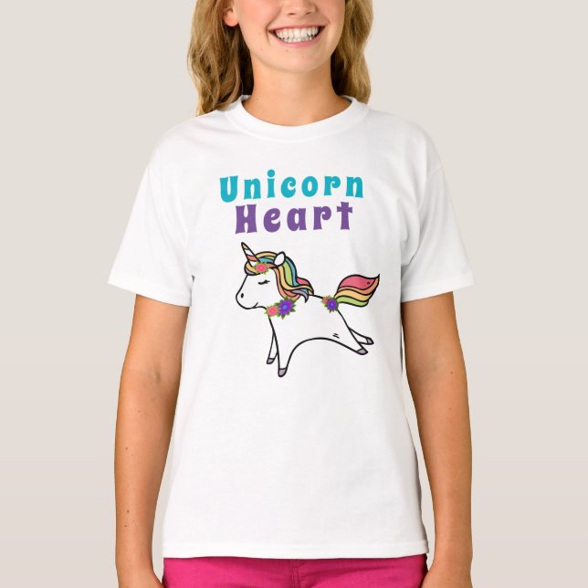Fun cute Unicorn heart purple and pink flowers T-Shirt (Front)