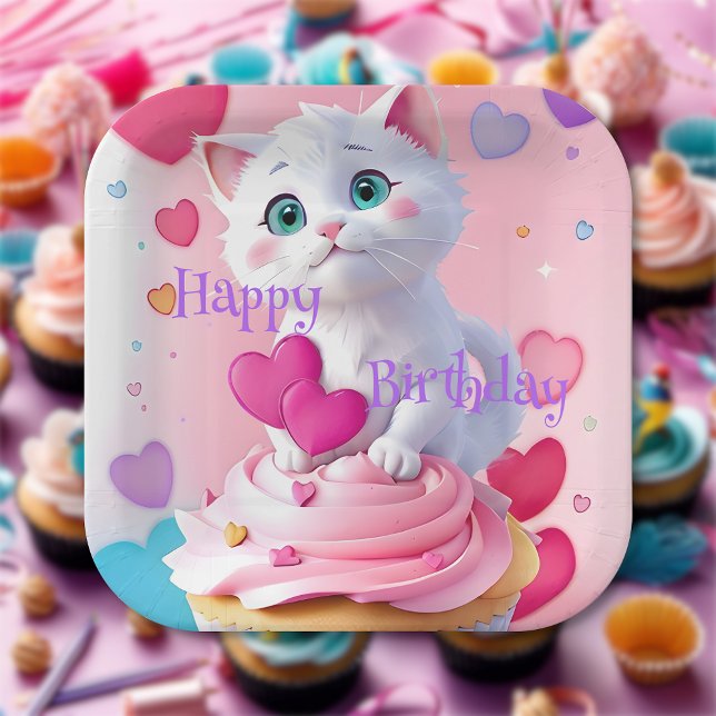 Fun Cute White Kitten Cupcake Girly Birthday Party Paper Plate (Creator Uploaded)
