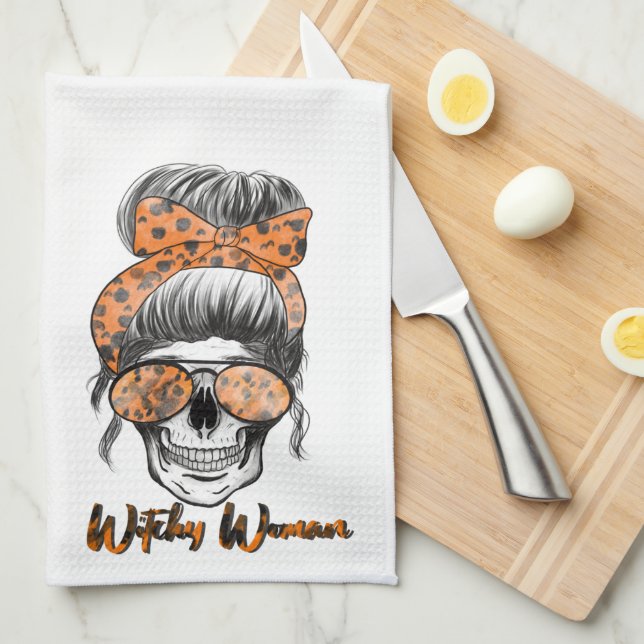 Fun Cute Witchy Women Orange Black Halloween Tea Towel (Quarter Fold)