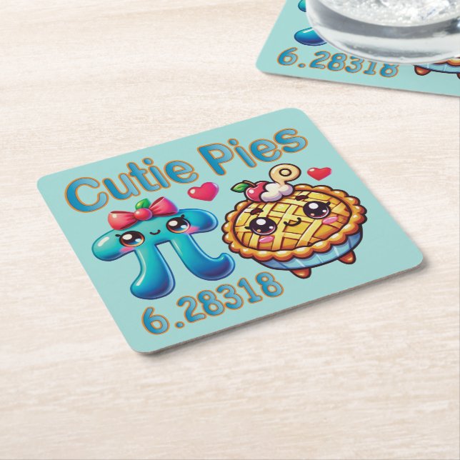 Fun “Cutie Pies” Cute Pi Symbol & Pie Pun Square Paper Coaster (Angled)