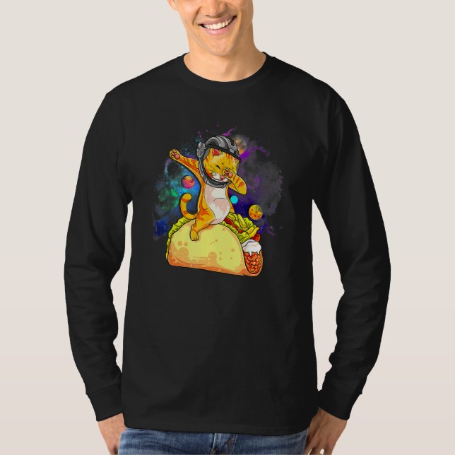 Fun Dabbing Cat Astronaut In Space Riding Taco Foo T-Shirt (Front)