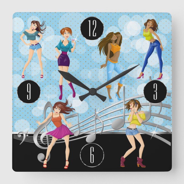 Fun Dance Music Girl Design Square Wall Clock (Front)