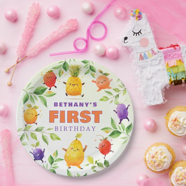 Fun Dancing Fruit First 1st Birthday Party Paper Plate (Party)