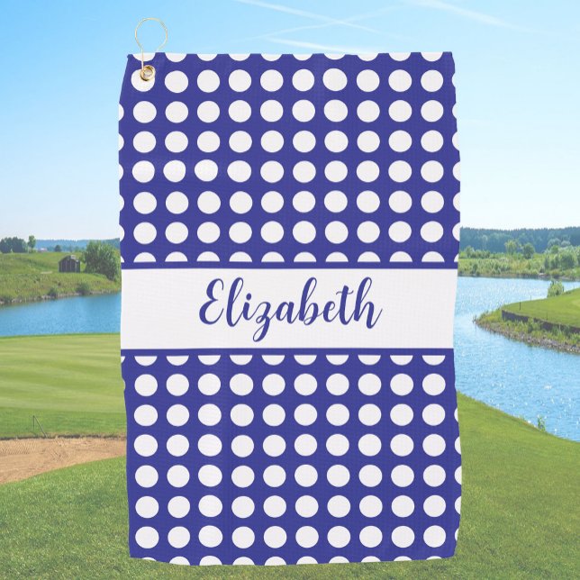 Fun Dark Blue polka dots custom name ladies Golf Towel (Creator Uploaded)