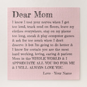Fun Dear Mum Typography Pink Grey Personalised Jigsaw Puzzle