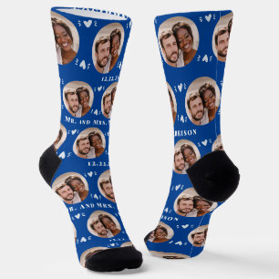 Fun Deep Blue Newlyweds Photo Pattern Socks
