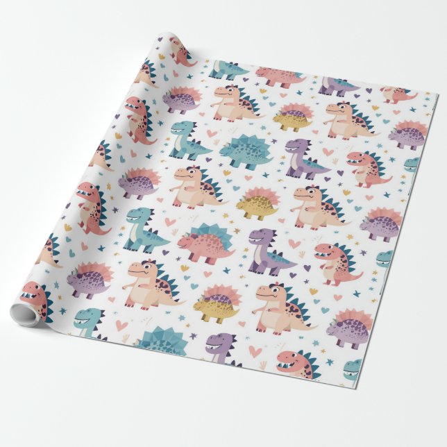 Fun Design colourful Dinosaur Pattern Wrapping Paper (Unrolled)