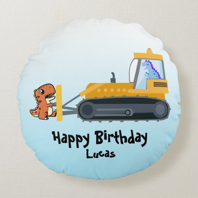 Fun DINO dinosaur tractor Farm School Birthday boy Round Cushion (Front)