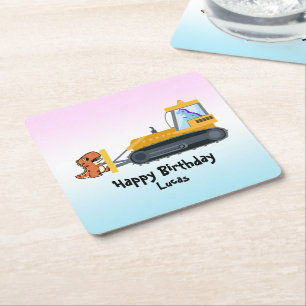 Fun DINO dinosaur tractor Farm School Birthday boy Square Paper Coaster