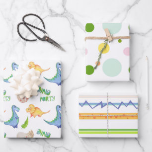 Fun Dino Party Dinosaur Dots Lines Cute Kids Wrapping Paper Sheet