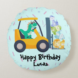 Fun dino tractor Truck Birthday School boy kids Round Cushion