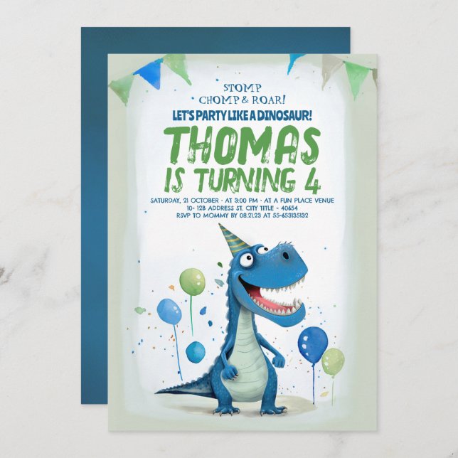 Fun Dinosaur Blue and Green Birthday Invitation (Front/Back)