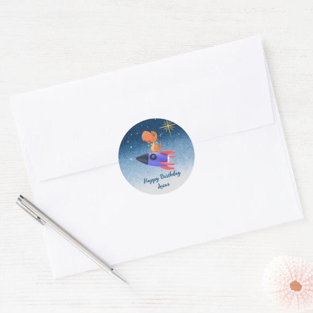 Fun dinosaur colourful rocket School Birthday part Classic Round Sticker (Envelope)