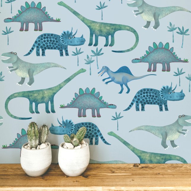 Fun Dinosaur Pattern Blue Wallpaper (Dinosaur Tyrannosaurus Rex Stegosaurus triceratops diplodocus blue kids peel and stick wallpaper)