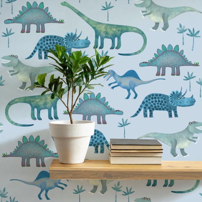 Fun Dinosaur Pattern Blue Wallpaper (Dinosaur Tyrannosaurus Rex Stegosaurus triceratops diplodocus blue kids peel and stick wallpaper)