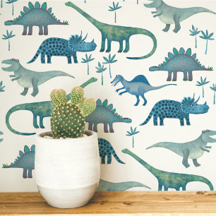 Fun Dinosaur Pattern Blue White Kids Wallpaper