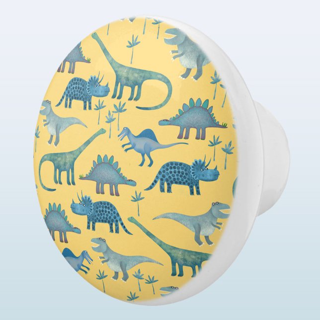 Fun Dinosaur Pattern Blue Yellow Ceramic Knob (Fun dinosaur ceramic door pull or knob)