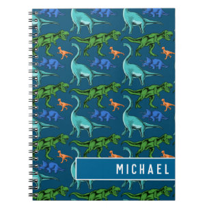 Fun Dinosaur Pattern Kids Blue Name School Notebook
