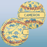Fun Dinosaur Personalised Baseball<br><div class="desc">A bunch of fun blue dinosaurs,  Tyrannosaurus rex,  Spinosaurus,  Stegosaurus,  Diplodocus and Triceratops on a sunny yellow background. Original art by Nic Squirrell. Change the name to personalise.</div>