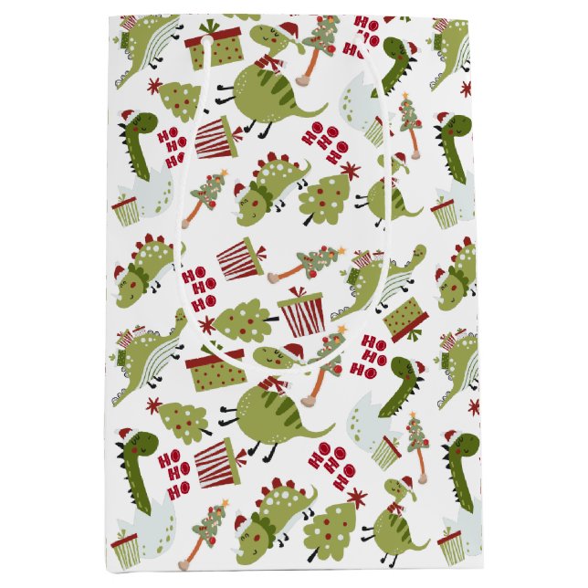Fun Dinosaurs Santa Hats Presents Pattern White Medium Gift Bag (Front)
