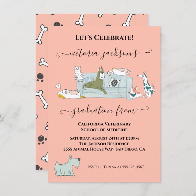 Fun Dogs & Cats Veterinarian School Graduation Invitation (Front/Back)